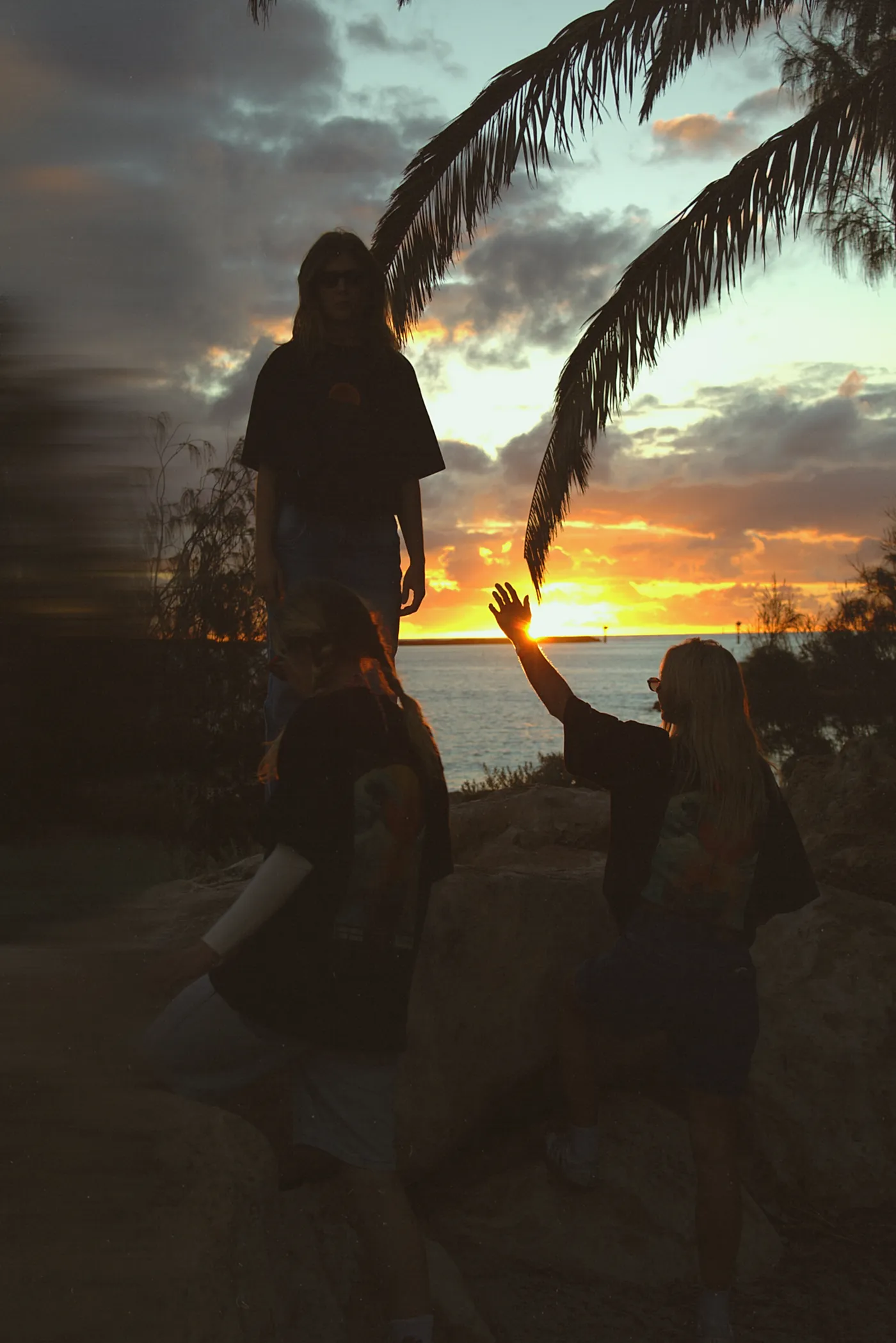 Three figures against the sunset under a palm frond, tees visible.